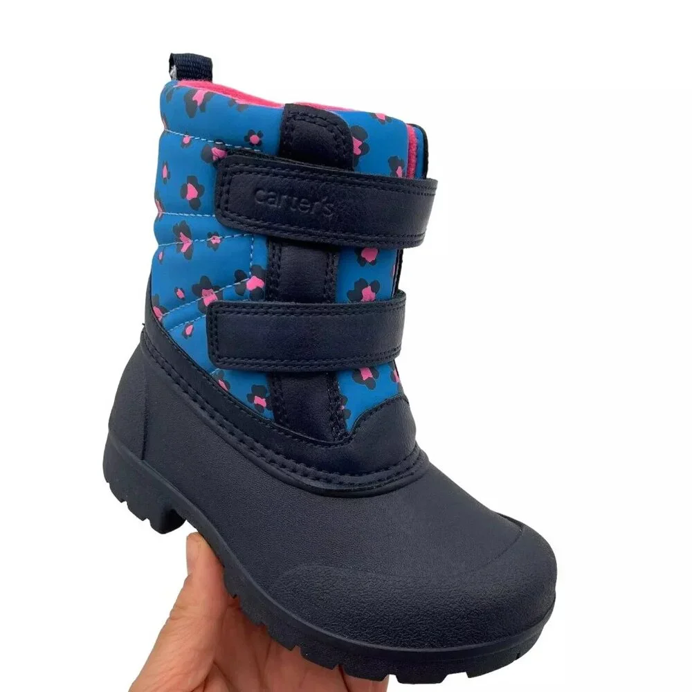 Carters‎ Toddler Girl's Snow Boots Size 8 Pink Navy Blue Slip on Warm & Comfy